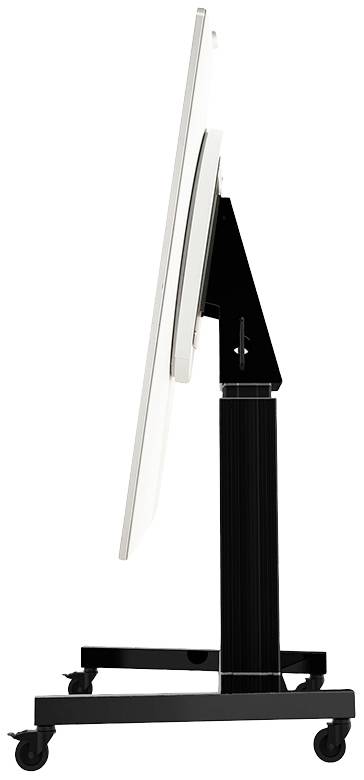 Boční pohled na mobilní whiteboard na kolečkách. Whiteboard je nakloněn pod úhlem a upevněn na černém výškově nastavitelném stojanu.