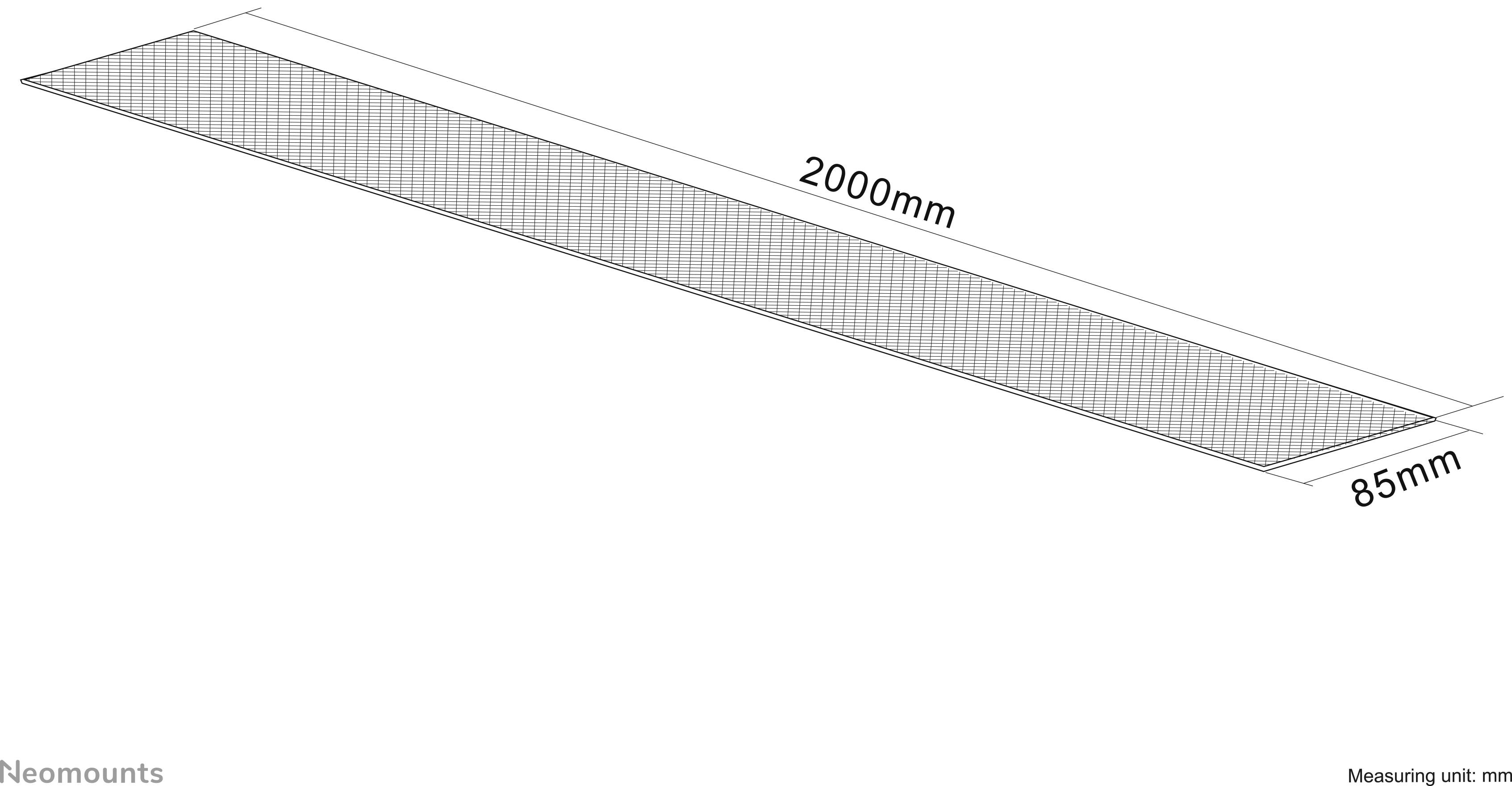 Dlouhý, obdélníkový objekt zobrazený v perspektivě s rozměry 2000 mm x 85 mm. Měrnou jednotkou jsou milimetry.