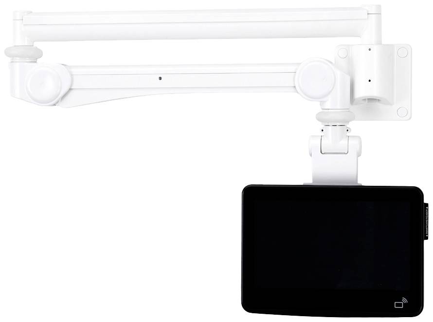 Bílý nástěnný držák monitoru s obrazovkou směřující dolů. Ideální pro flexibilní umístění.