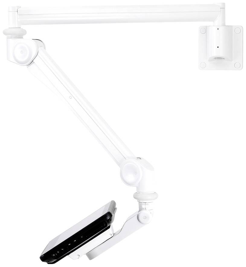 Bílé, pohyblivé nástěnné rameno s držákem tabletu. Rameno má několik kloubů pro maximální flexibilitu a možnosti nastavení polohy.