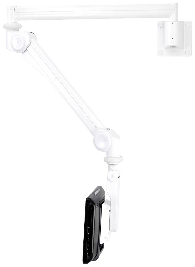 Obrázek bílého nastavitelného nástěnného ramene s držákem pro monitor. Rameno má několik kloubů pro flexibilní polohování.