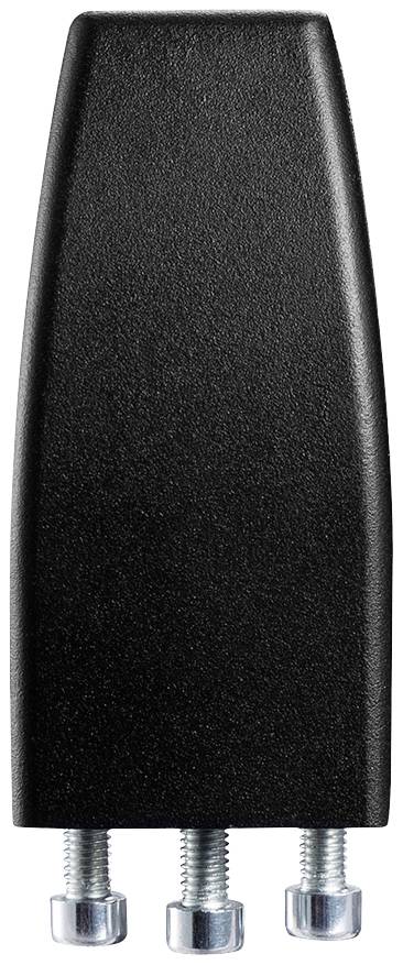 Černý, obdélníkový plastový kryt se třemi stříbrnými šrouby na spodní straně, pravděpodobně určený k upevnění na nějakém objektu.