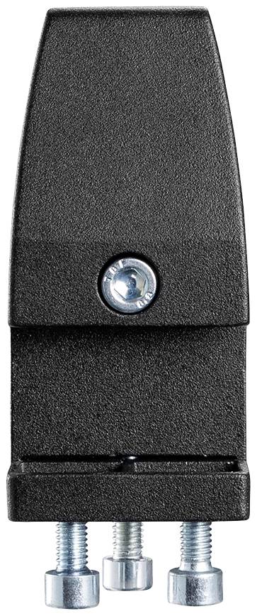 Černá plastová svorka se třemi kovovými šrouby dole. Slouží k bezpečnémuuchycení nebo propojení materiálů.