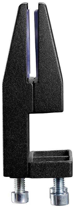 Černá stolní svorka drží předmět pevně. Má dva šrouby dole pro upevnění na hranu stolu.