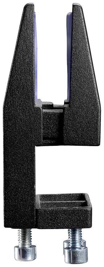 Černá stolní svorka se dvěma stříbrnými šrouby, používaná k bezpečnému upevnění předmětů na okraj stolu.