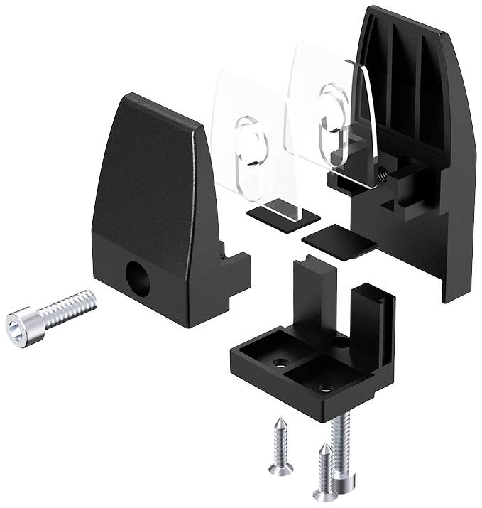 Rozložený pohled na černý plastový upínací systém se sadou šroubů, transparentními deskami a montážním materiálem, připravený k instalaci.