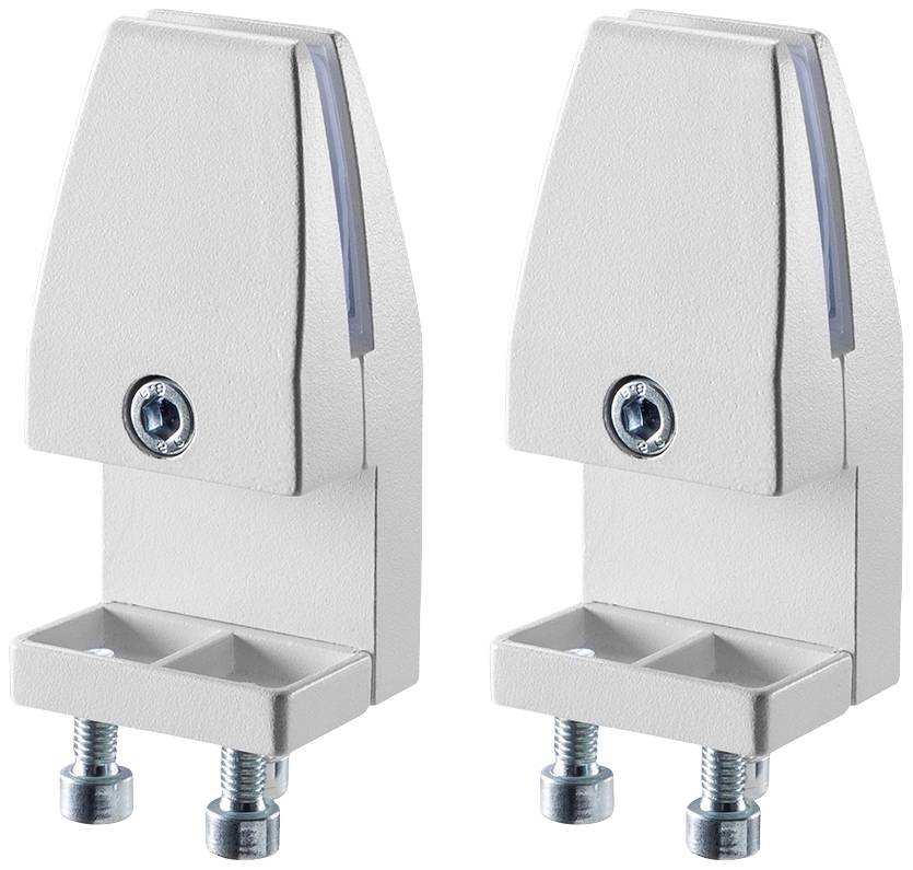 Dvě stříbrné konzole se šrouby, vhodné pro upevnění objektů nebo konstrukcí.