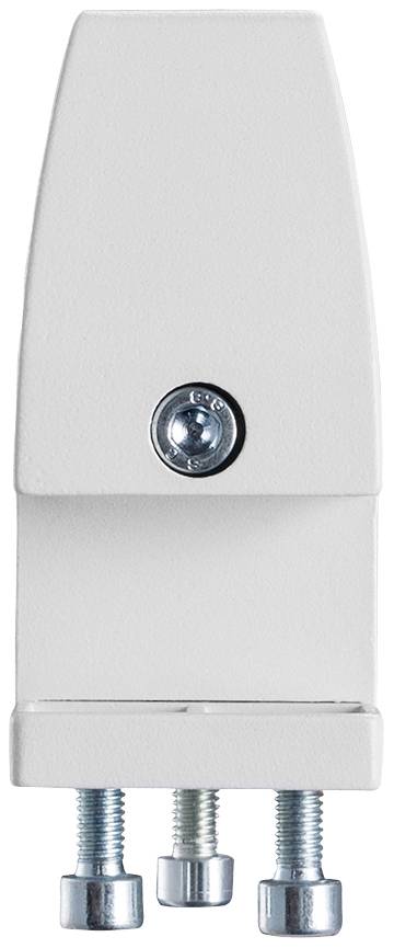 Stříbrná kovová součástka se třemi šrouby na spodním konci a centrálním šroubem uprostřed. Pravděpodobně slouží jako držák.