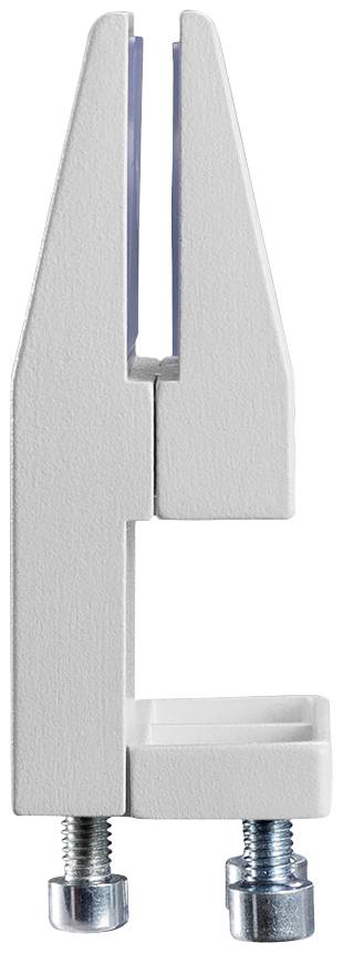 Kovová svorka se dvěma šrouby, vhodná pro upevnění panelů nebo jiných plochých předmětů.