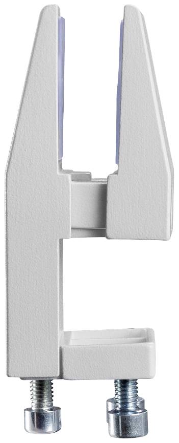 Vertikální kovová bílá stolní svorka se dvěma šrouby pro upevnění, vhodná pro montáž příslušenství na hranu stolu.