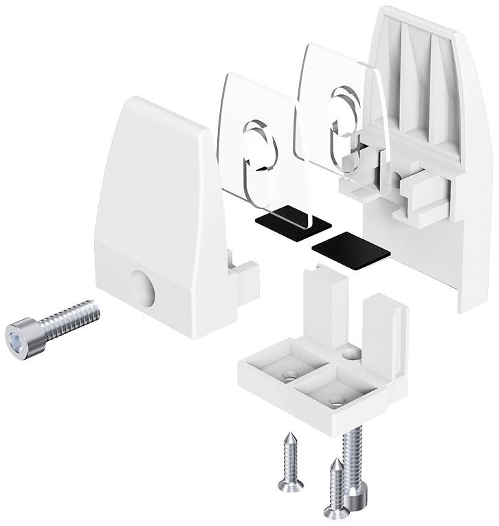 Bílý plastový rohový díl skládající se ze dvou polovin, s průhlednými plastovými čtverci, černými podložkami a upevňovacími šrouby.