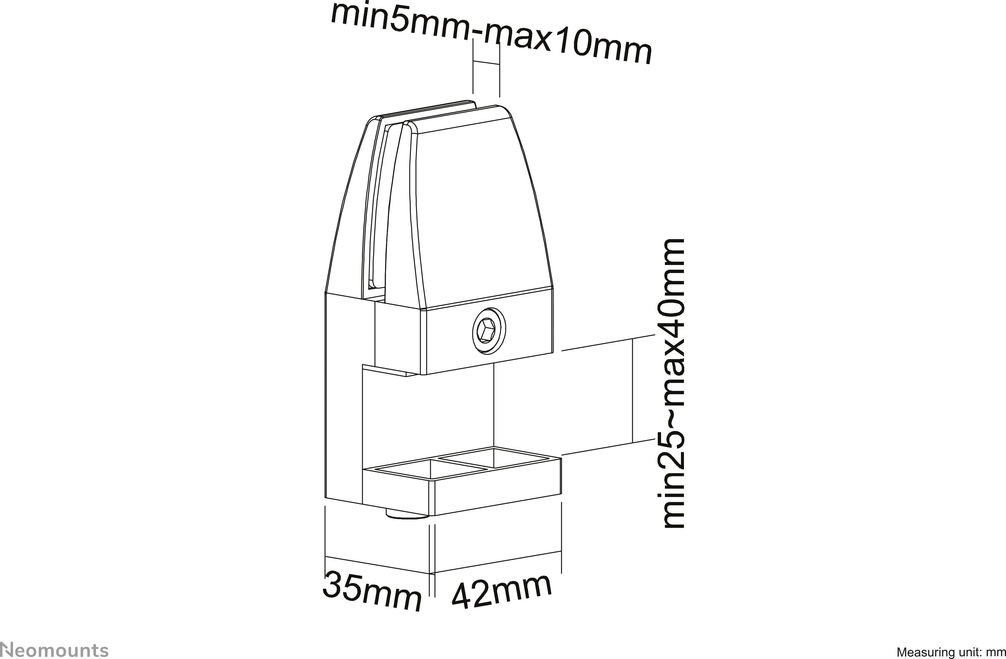 'Technický výkres držáku, rozměry: šířka 35 mm, hloubka 42 mm, výška od 25 mm do maximálně 40 mm. Montážní rozsah od 5 mm do maximálně 10 mm.'