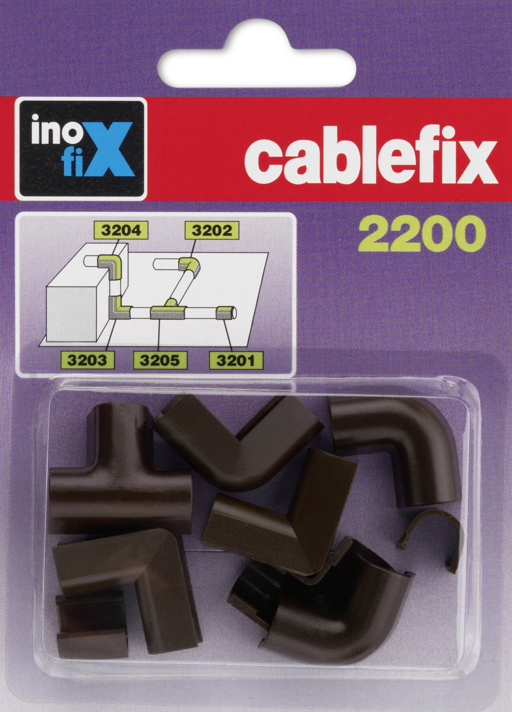 Sada upevnění kabelů 'InoFix cablefix 2200'. Obsahuje hnědé plastové rohové díly pro organizaci kabelů. Balení zobrazuje aplikační diagram.