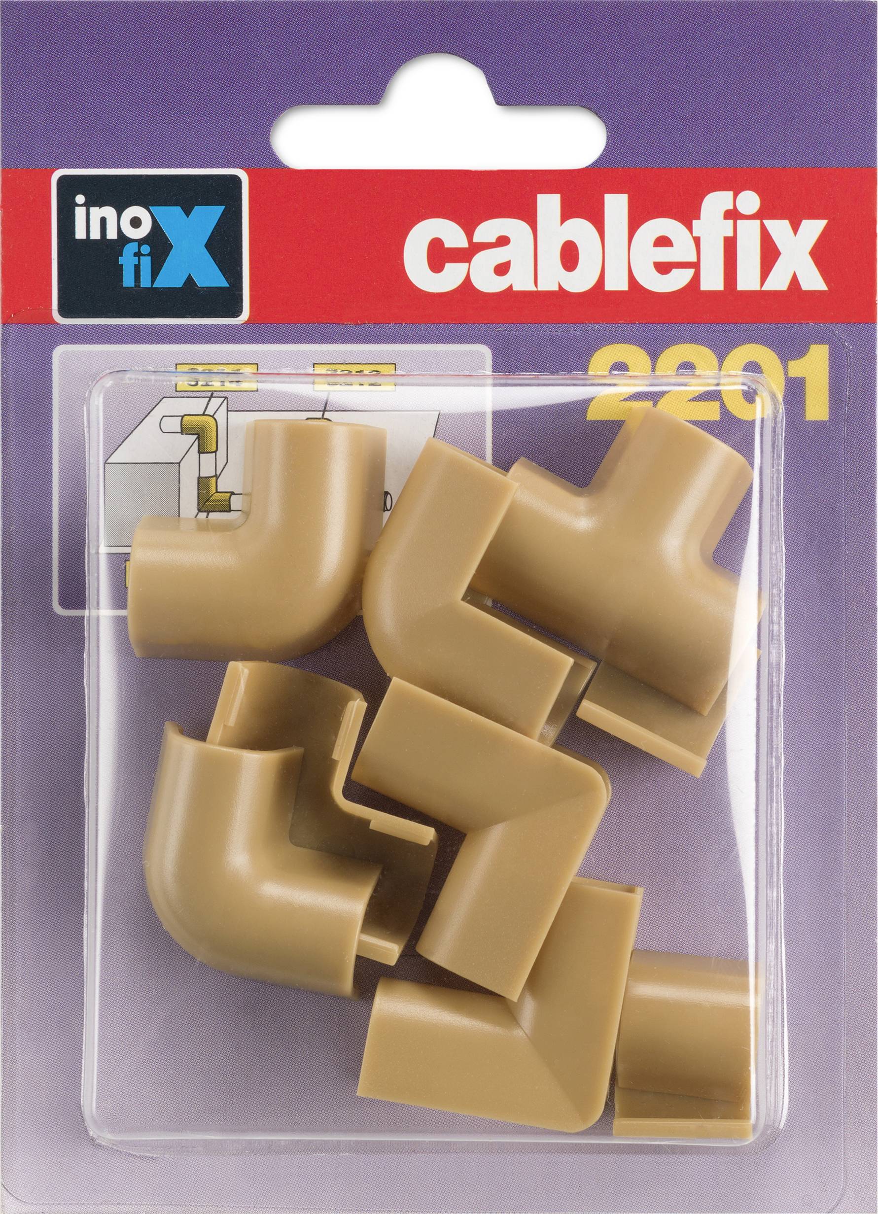 Balení s hnědými plastovými úhly pro vedení kabelů od 'cablefix', produktové číslo 2201. Obsahuje šest kusů.
