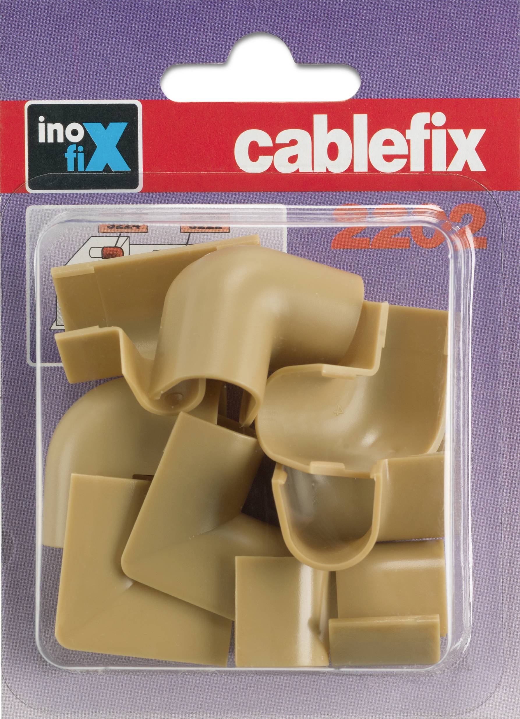 Produktová balení 'Inofix cablefix 2202' s béžovými rohovými díly pro upevnění kabelů na stěny.