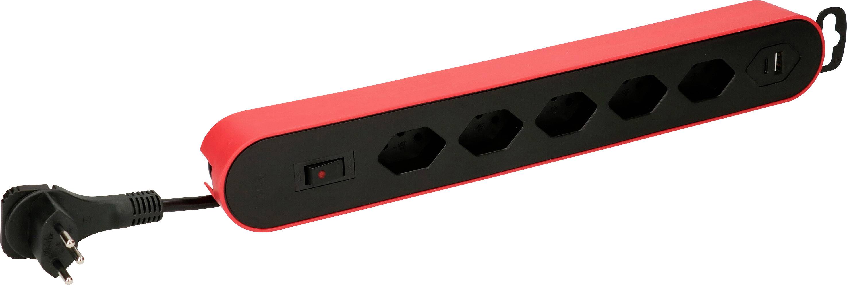 Červená víceúčelová zásuvka s pěti elektrickými vstupy, síťovým vypínačem a USB portem.
