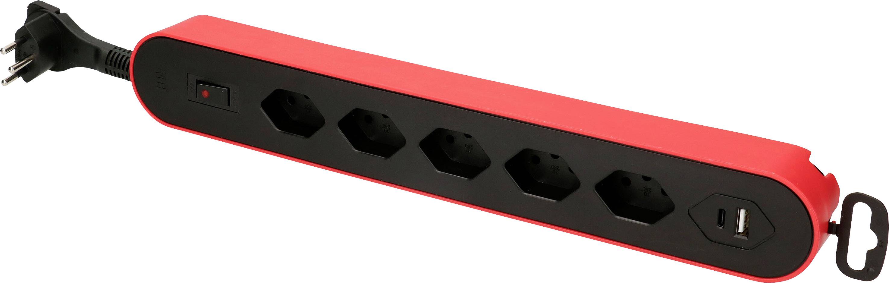 Červená prodlužovací zásuvka s pěti místy pro zástrčky a jedním USB portem. Vypínač zapnuto/vypnuto na konci.