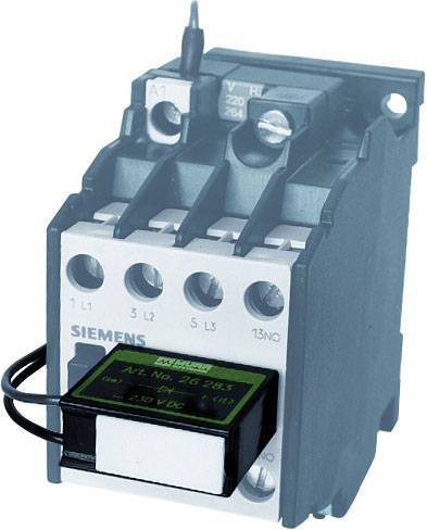 Elektrický stykač od Siemens s modelovým číslem '3RT1016-1BB41', zobrazující svorky a cívku pro 230 V AC.