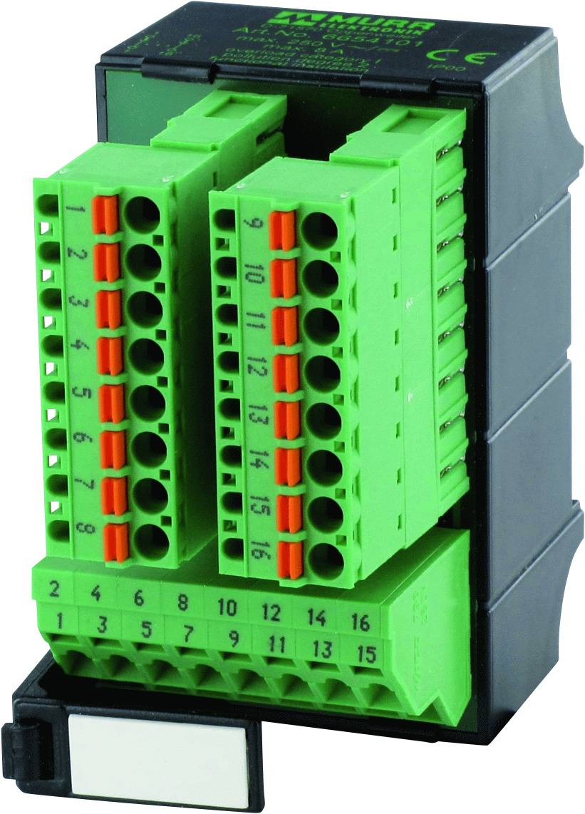 Černý elektrický modul se zelenými svorkami a číslováním od 1 do 16, vhodný pro kabelážní nebo řídicí aplikace.