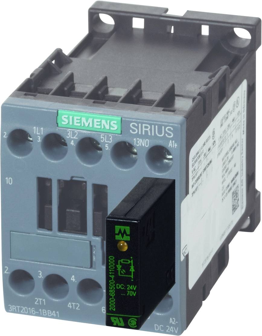 Šedý stykač Siemens SIRIUS, modelové číslo 3RT2016-1BB41, s bočně namontovaným přídavným modulem pro řízení a spínání.