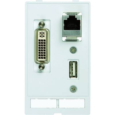 Bílá připojovací deska s DVI, ethernetovým a USB portem, používaná pro síťové a zařízení připojení.