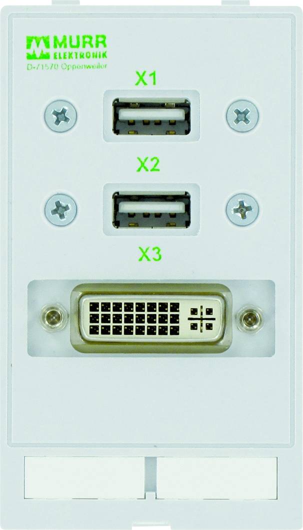 Zásuvkové pole se dvěma USB porty (X1, X2) a jedním DVI portem (X3), vhodné pro elektronické připojení.