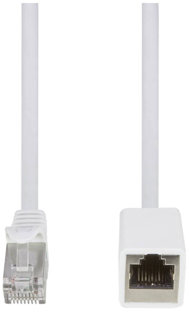 Ethernetový kabel se zástrčkou a samičkou adaptéru. Používá se pro připojení zařízení v síti.