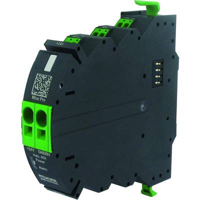 Černý elektronický modul se zelenými konektory a LED indikátorem, označený jako 'Mico Pro'. Vyvinutý pro monitorování elektrického proudu.