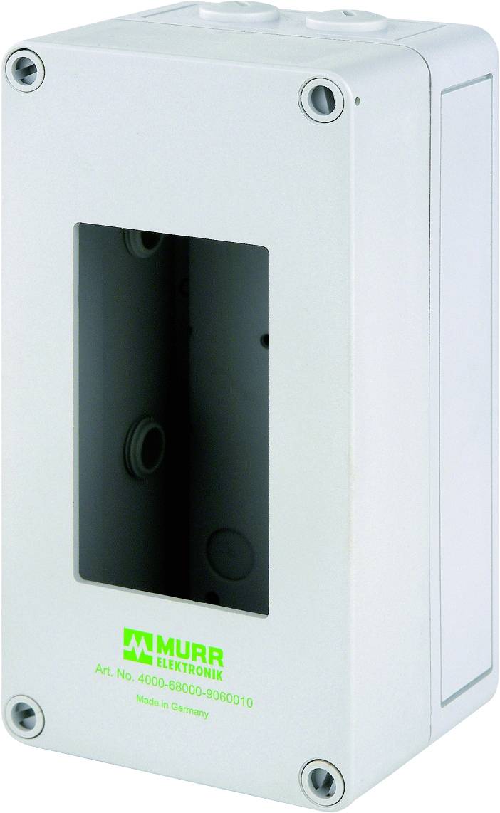 Rozvodná krabice od Murrelektronik, obdélníkového tvaru, s průhledným víkem, vhodná pro elektronické komponenty, vyrobená v Německu.
