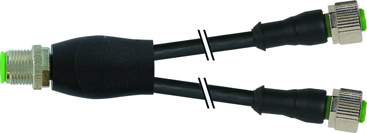 Rozbočovač Y s třemi konektory a dvěma výstupy, vhodný pro propojení elektrických zařízení nebo kabelů.