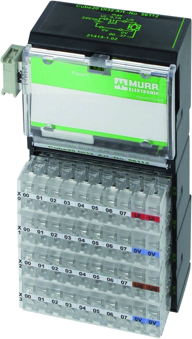Elektronický modul s průhledným pouzdrem, označený štítkem 'Murr Elektronik', zobrazuje šest řad barevně rozlišených konektorů.