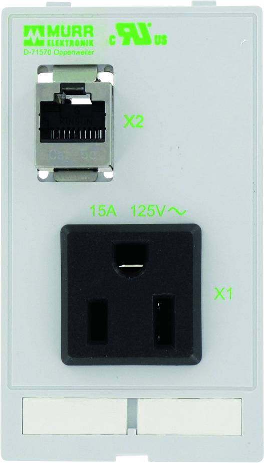 Síťová zásuvka se zeleným potiskem: nahoře ethernetový port s označením 'X2', níže elektrická zásuvka '15A 125V~', označená 'X1'.