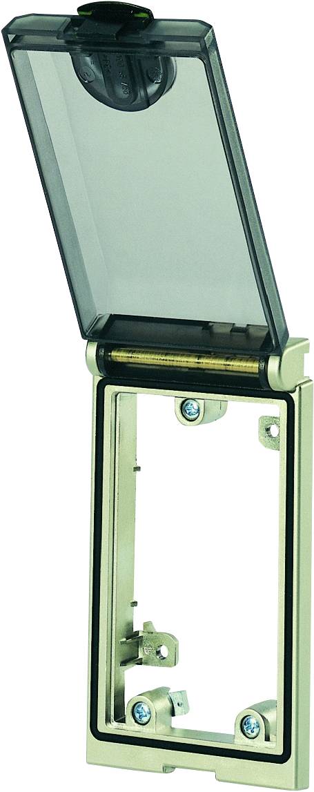 Otevřený ochranný kryt s průhledným víkem, vhodný pro zakrytí a zabezpečení elektrických připojení nebo zásuvek.
