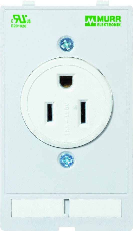 Bílý modul zásuvky s green nápisem 'Murr Elektronik' a certifikacemi.