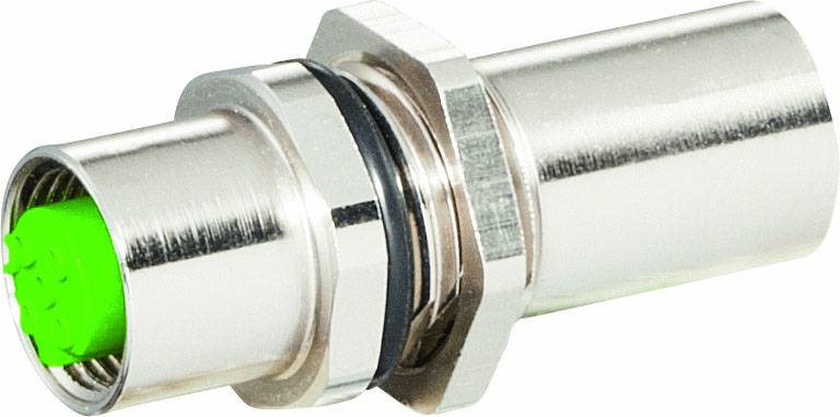 Stříbrný kovový válec se zelenou vnitřní komponentou. Pravděpodobně konektor nebo adaptér s závitovým kroužkem.
