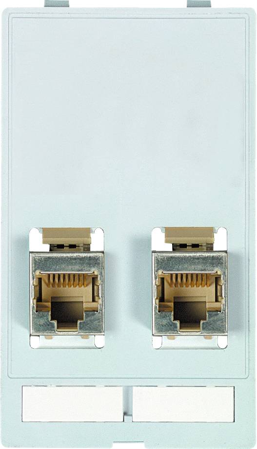 Dva síťové porty RJ45 v nástěnné zásuvce, vhodné pro ethernetová připojení.