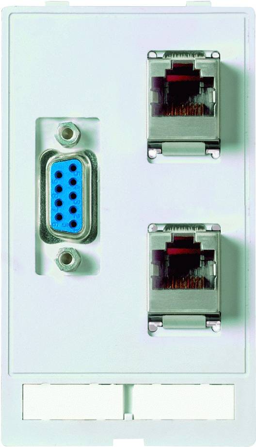 Připojovací nástěnná deska s VGA konektorem a dvěma ethernetovými porty pro datové a síťové připojení.