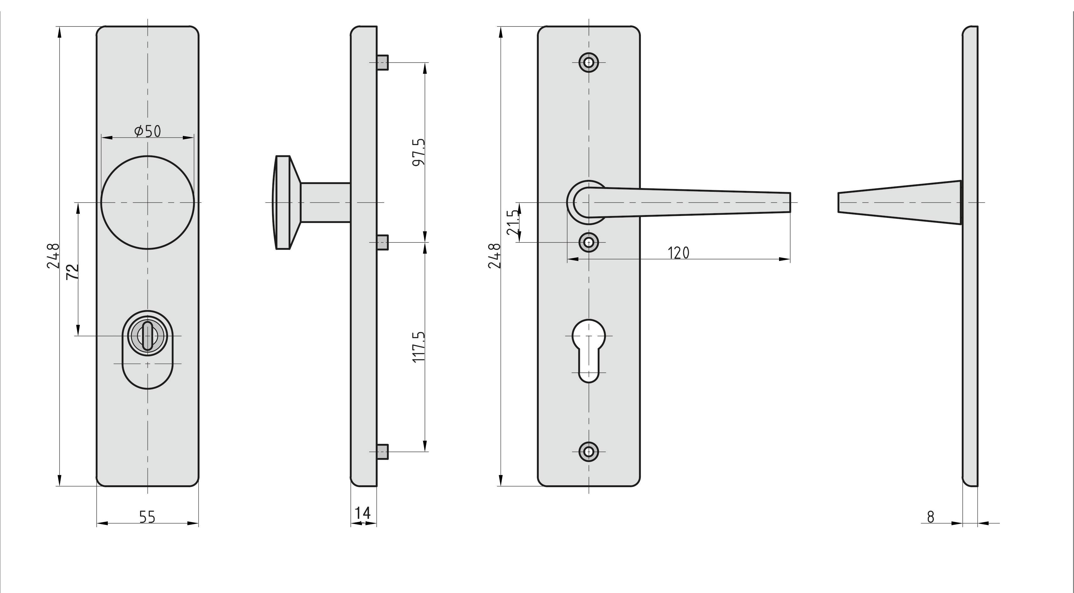 Technický výkres kování kliky dveří s rozměry: celková výška 248 mm, šířka 50 mm, rozteč kliky 120 mm.