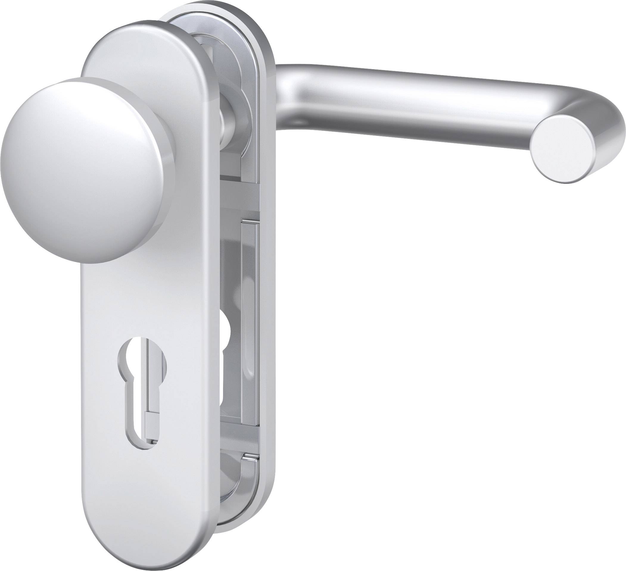 Klika a zárubňový plech z nerezové oceli, s kulatou klikou a klíčovou dírkou, moderní design.