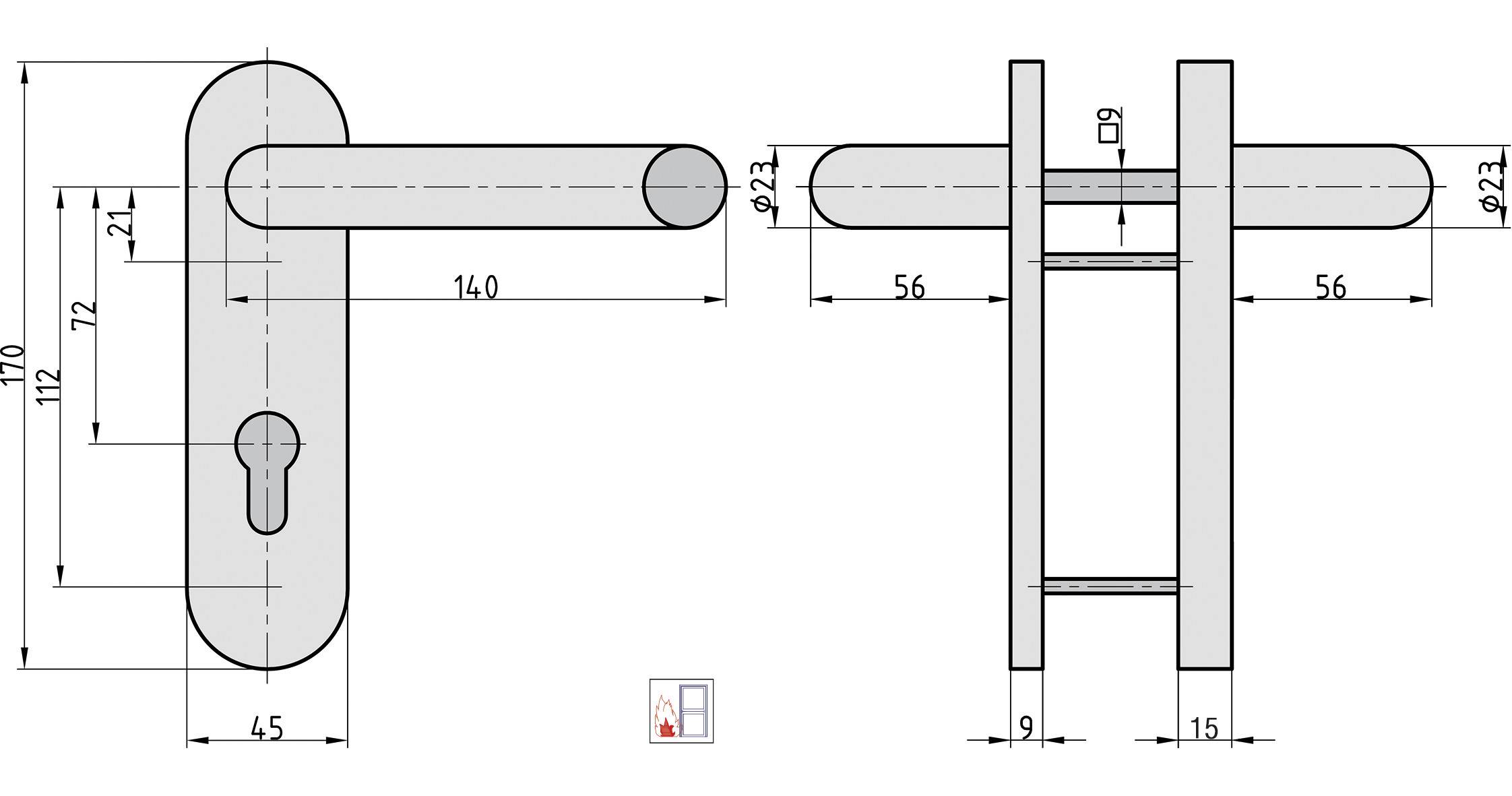 Technický výkres kliky dveří s přesnými rozměry. Zobrazuje pohled zepředu a z boku. Důležité rozměry jsou 170x45 mm, průměr rukojeti 23 mm.