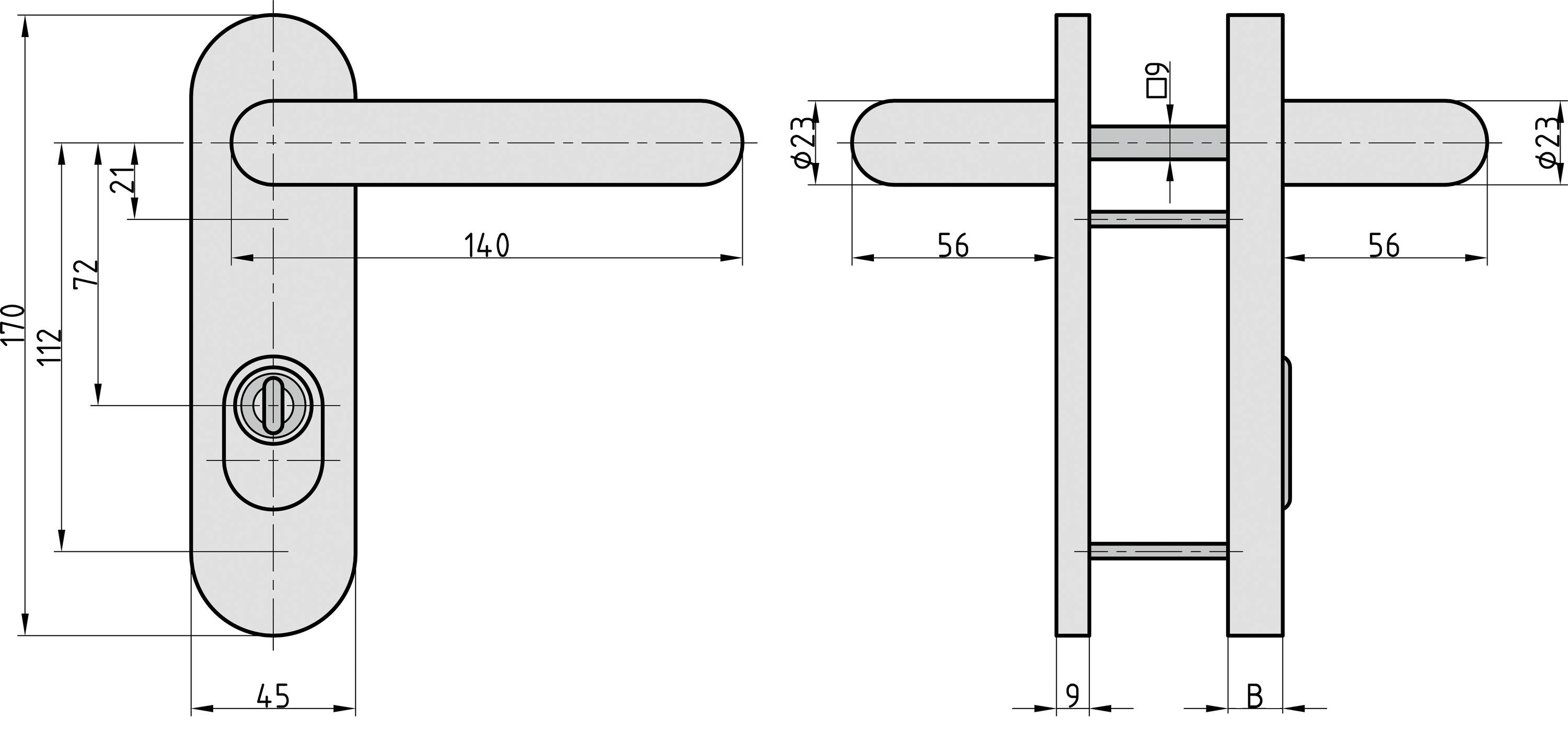 Technický výkres kliky s rozměry: délka 140 mm, klíčový otvor v dolní části, šířka 45 mm. Boční pohled.