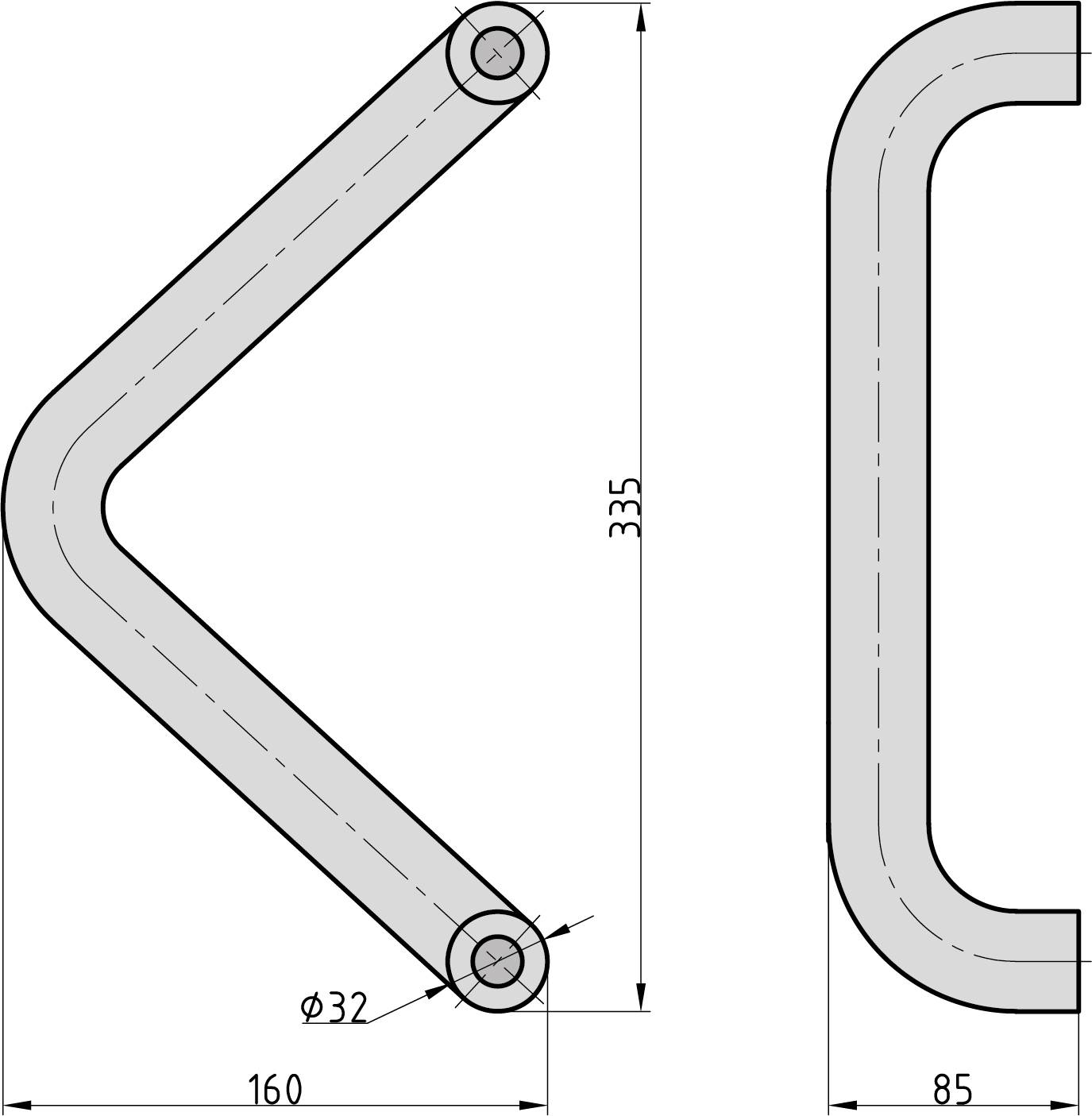 Technický výkres kovového L profilu. Rozměry: délka 335 mm, šířka 160 mm, průměr otvoru 32 mm, šířka 85 mm.