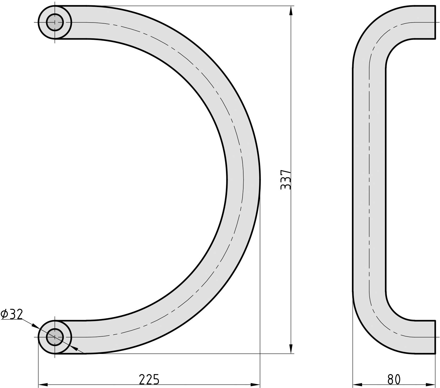 Technický výkres ohnutého kovového dílu s rozměry: 337 mm výška, 225 mm šířka, průměr 32 mm, hloubka 80 mm.