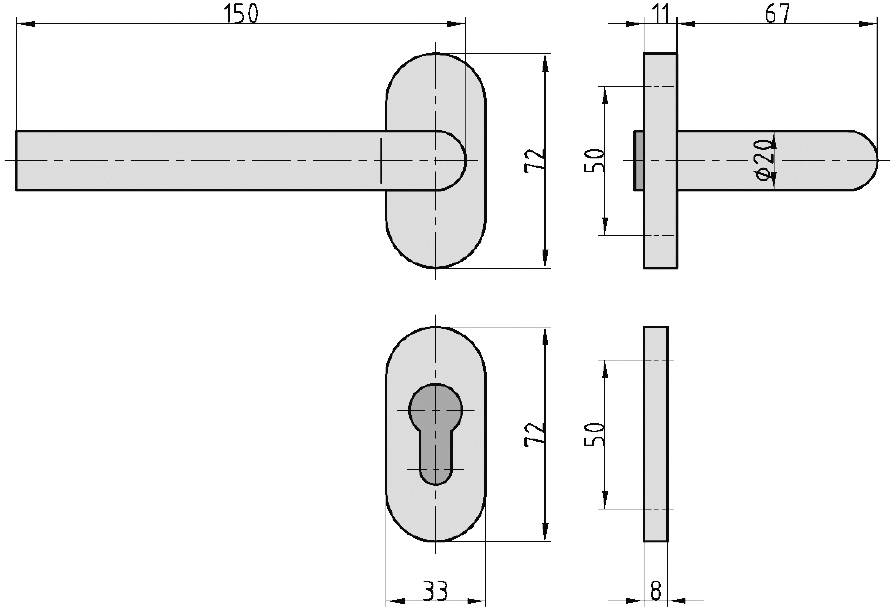 Technický výkres kování dveří ze tří perspektiv s rozměry: délka 150 mm, šířka 33 mm, výška 72 mm, otvor pro klíč přítomen.