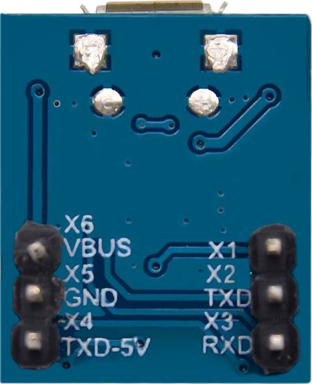 Elektronický modul s více konektory, označený štítky 'X6', 'VBUS', 'X5', 'GND', 'X4', 'TXD-5V', 'X1', 'X2', 'TXD', 'RXD'.