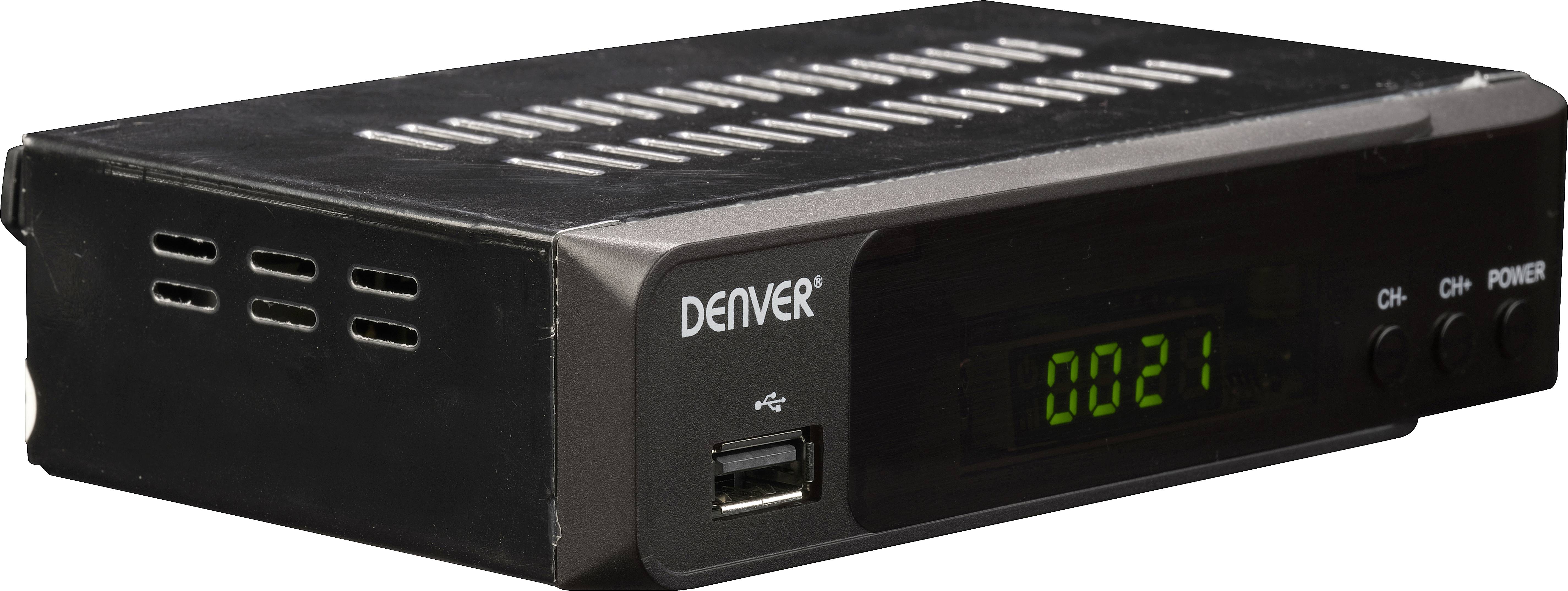 Černý přijímač s USB portem a digitálním displejem zobrazujícím '0021'. Na přední straně je uveden název značky 'Denver'.