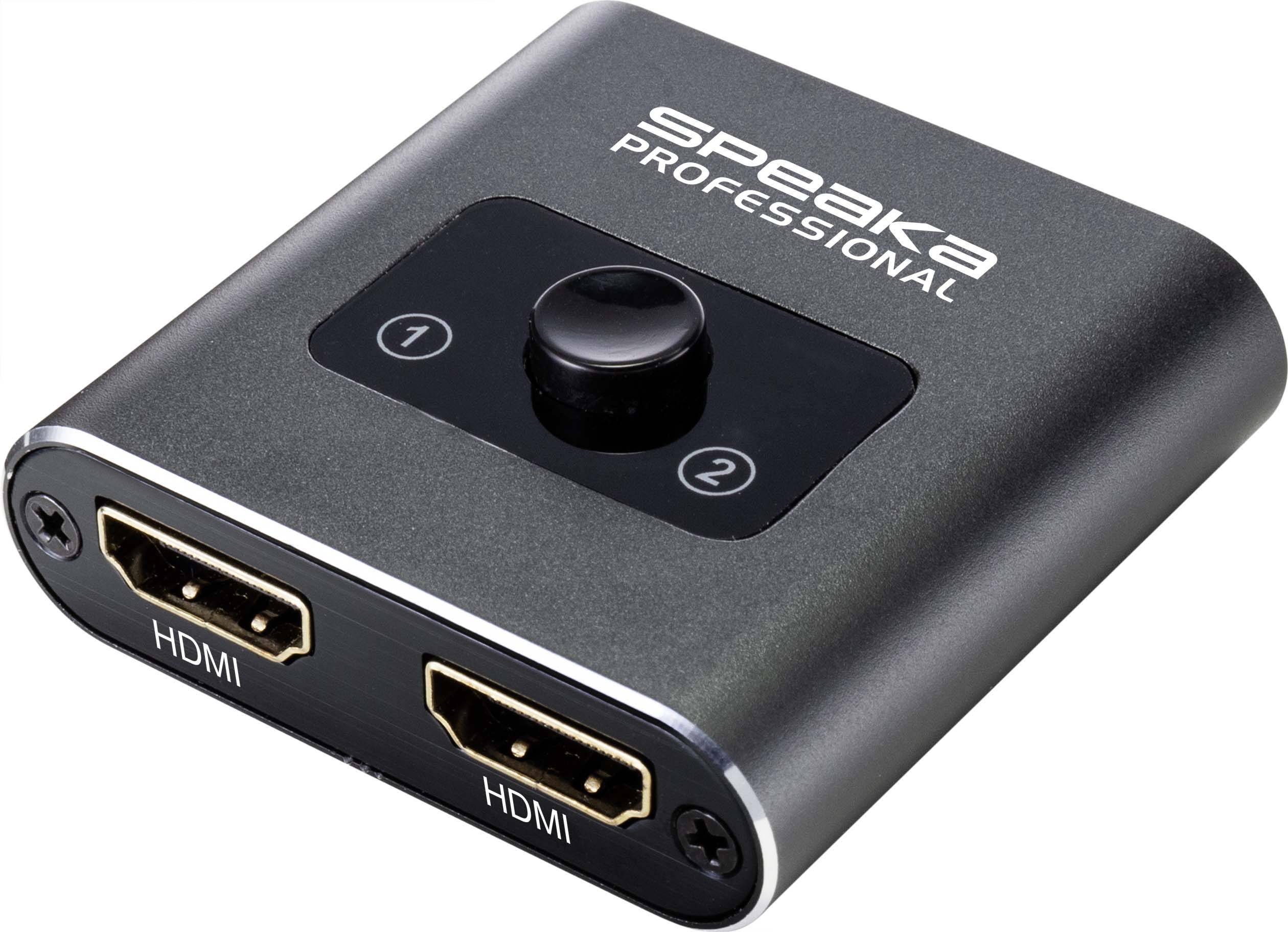 HDMI přepínač s černým pouzdrem. Dva HDMI porty a přepínač s LED indikátory, označené štítky '1' a '2'.