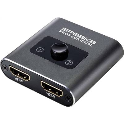HDMI přepínač s černým pouzdrem. Dva HDMI porty a přepínač s LED indikátory, označené štítky '1' a '2'.
