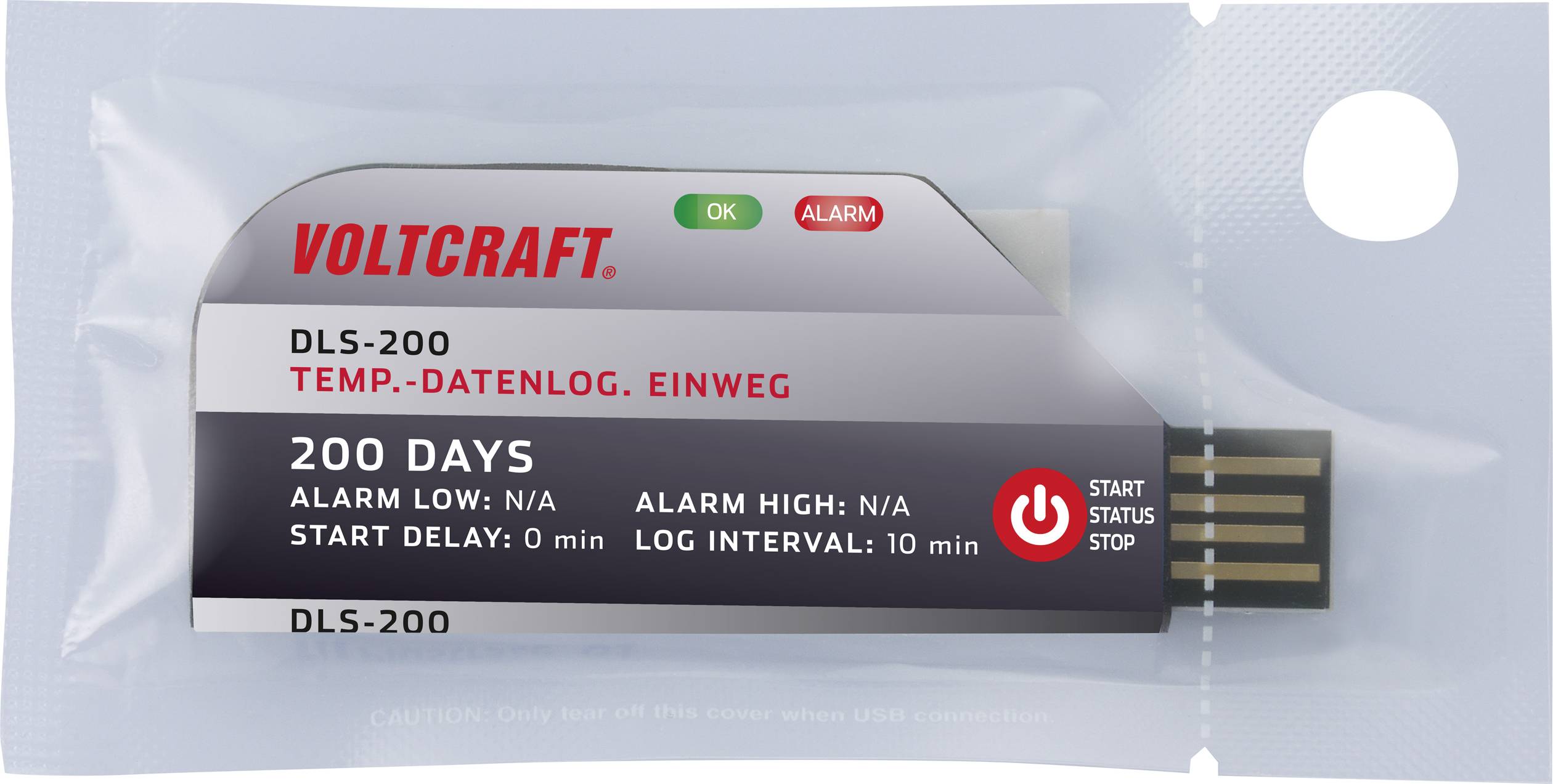 Jednorázový teplotní datalogger 'Voltcraft DLS-200', záznam po dobu 200 dní, USB připojení, bez nastavených alarmových limitů.