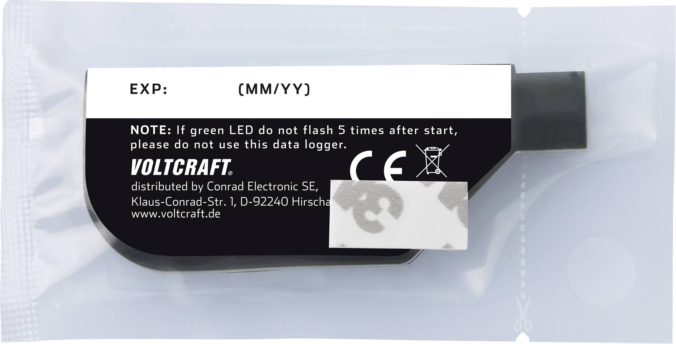 Černý datalogger Volcraft s etiketou obsahující datum expirace 'EXP: (MM/RR)' a návod k LED signalizaci.